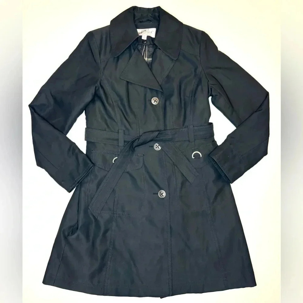 Donatella Women’s  Black Trench Rain Coat Mid-Length Plaid Lining Size 8